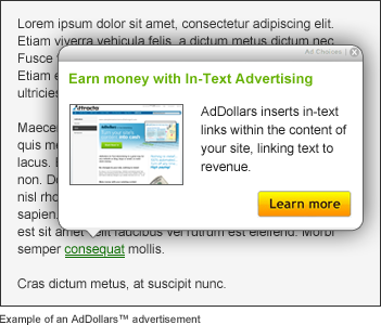 Example of Attracta AdDollars generating contextual advertising income